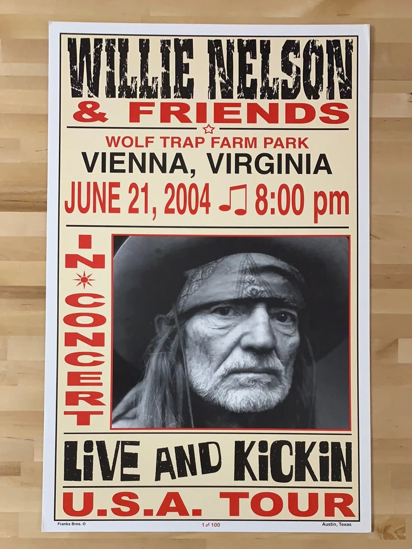 Gig Posters Willie Nelson - 2004 Franks Brothers 6/21 Poster Vienna, VA 4 Gig Posters Willie Nelson - 2004 Franks Brothers 6/21 Poster Vienna, VA