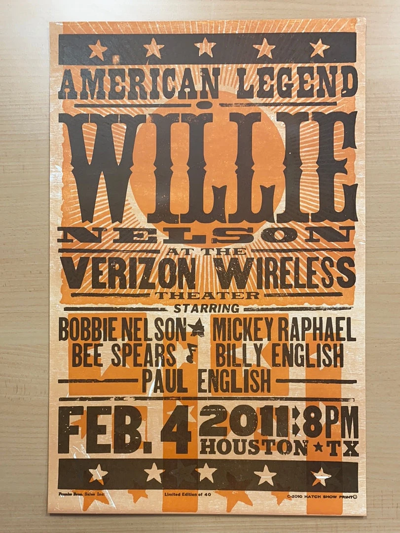 Gig Posters Willie Nelson - 2011 Hatch Show Print 2/4 Poster Houston, Texas 4 Gig Posters Willie Nelson - 2011 Hatch Show Print 2/4 Poster Houston, Texas