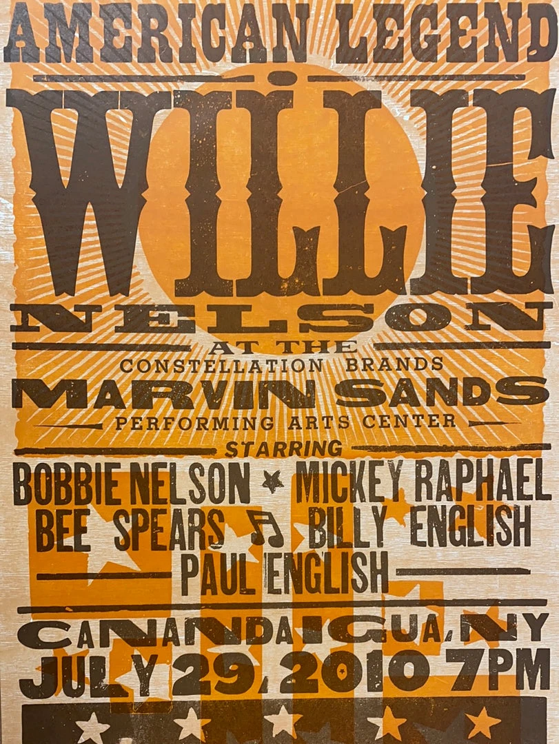 Gig Posters Willie Nelson - 2010 Hatch Show Print 7/29 Poster Canandaigua, New York 3 Gig Posters Willie Nelson - 2010 Hatch Show Print 7/29 Poster Canandaigua, New York