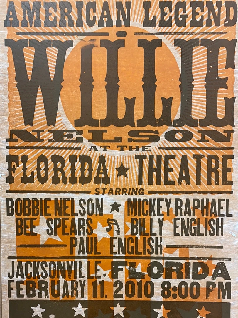 Gig Posters Willie Nelson - 2010 Hatch Show Print 2/11 Poster Jacksonville, Florida 3 Gig Posters Willie Nelson - 2010 Hatch Show Print 2/11 Poster Jacksonville, Florida